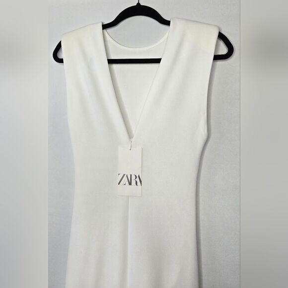 NWT Women's White Zara Padded Shoulder Midi Dress w/ Ruching V Back Size Small - Picture 6 of 10